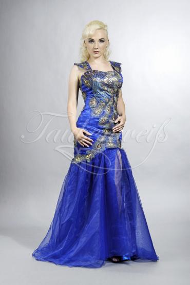 Abendkleid TW0017A - Abendkleid dunkelblau gold Pfau Organza Träger
