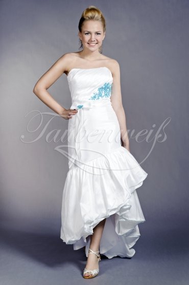 Brautkleid TW0079B - Taft asymmetrisch Vokuhila blau Spitze Schleife 1