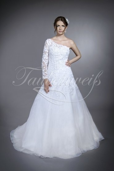 Brautkleid TW0198B - asymmetrisch ein Ärmel A-Linie Organza Tüll Spitze Perlen abnehmbare Schleppe
