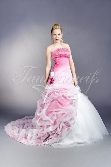 Brautkleid TW0205B - weiß pink A-Linie Tüll Satin Schleppe Perlen